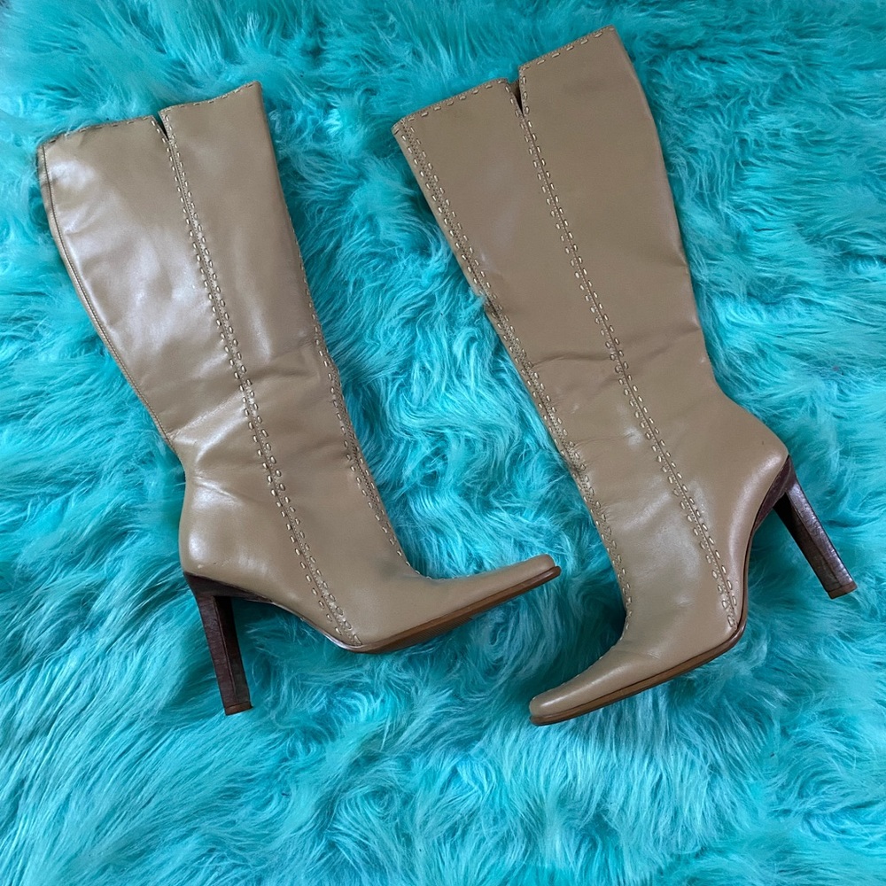 Tan leather knee high heel boots